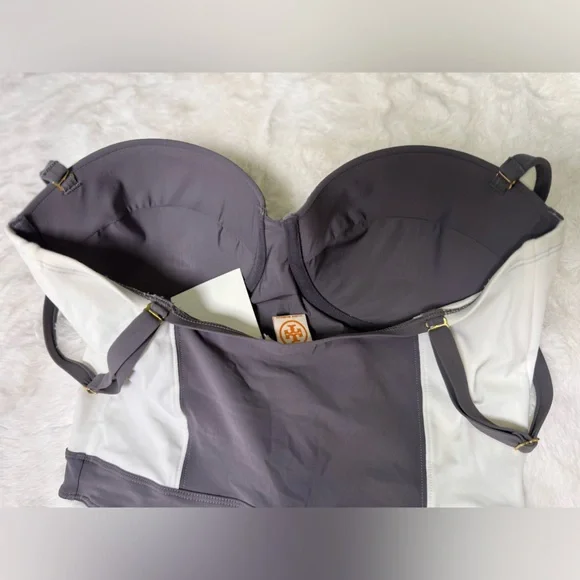 Tory Burch Lipsi Colorblock Gray White Bandeau One-Piece Swimsuit, Large - Picture 5 of 8